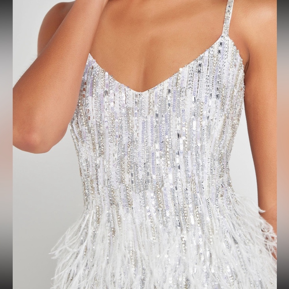 White & silver Sequin and Feather Dress - Picture 5 of 11